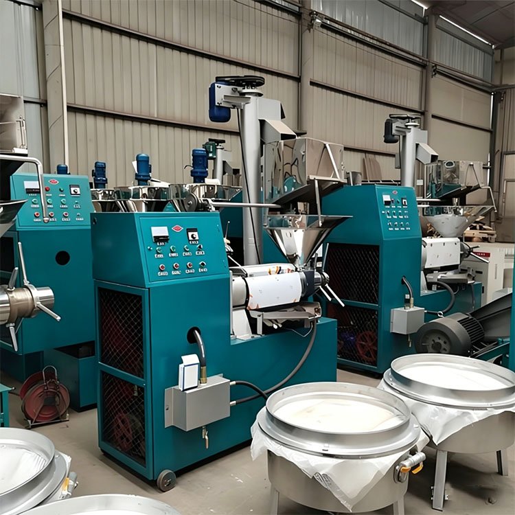 Industrial extrusion equipment in a factory, teal control panels and hoppers visible along a processing line.
